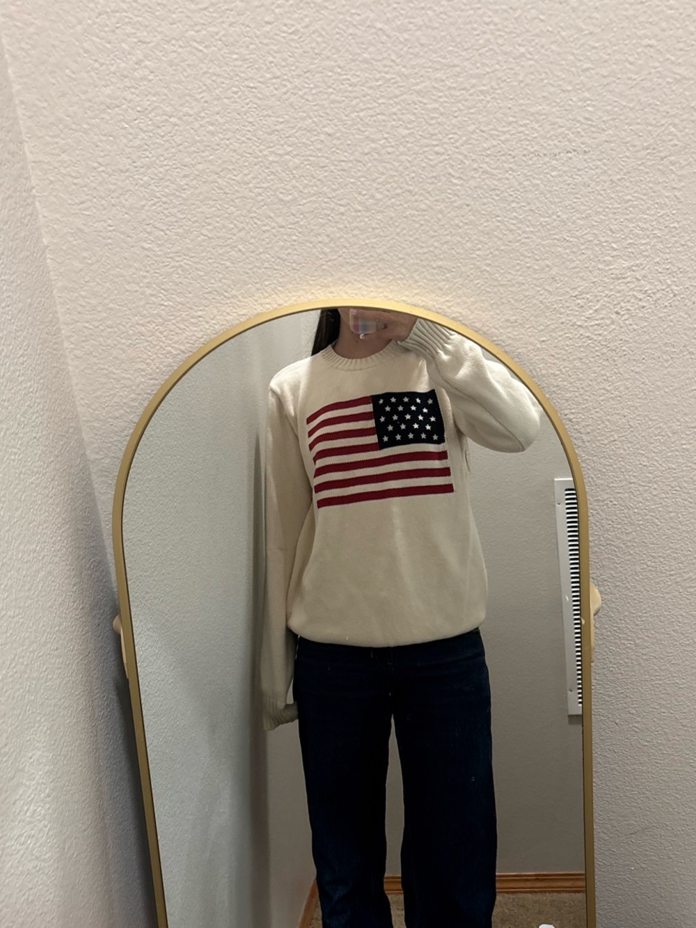 Brandy Melville Cream Crewneck with Flag Graphic